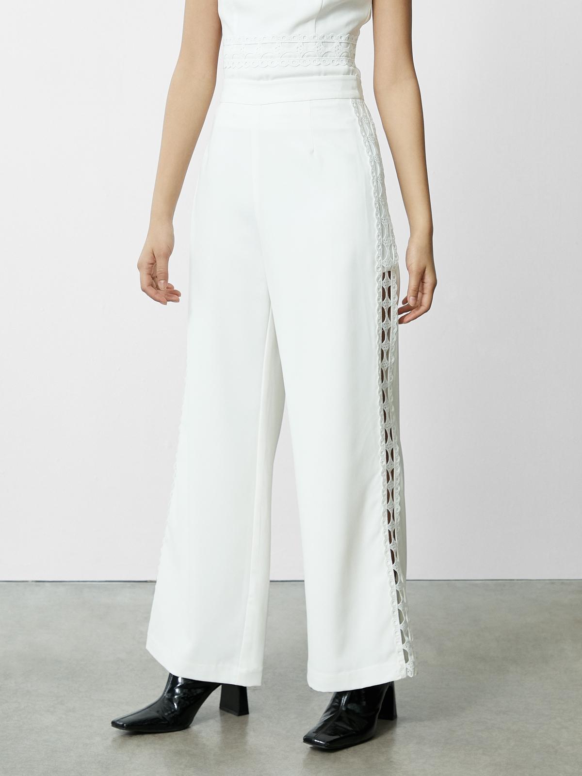 Eyelet Side Wide Leg Pants - White