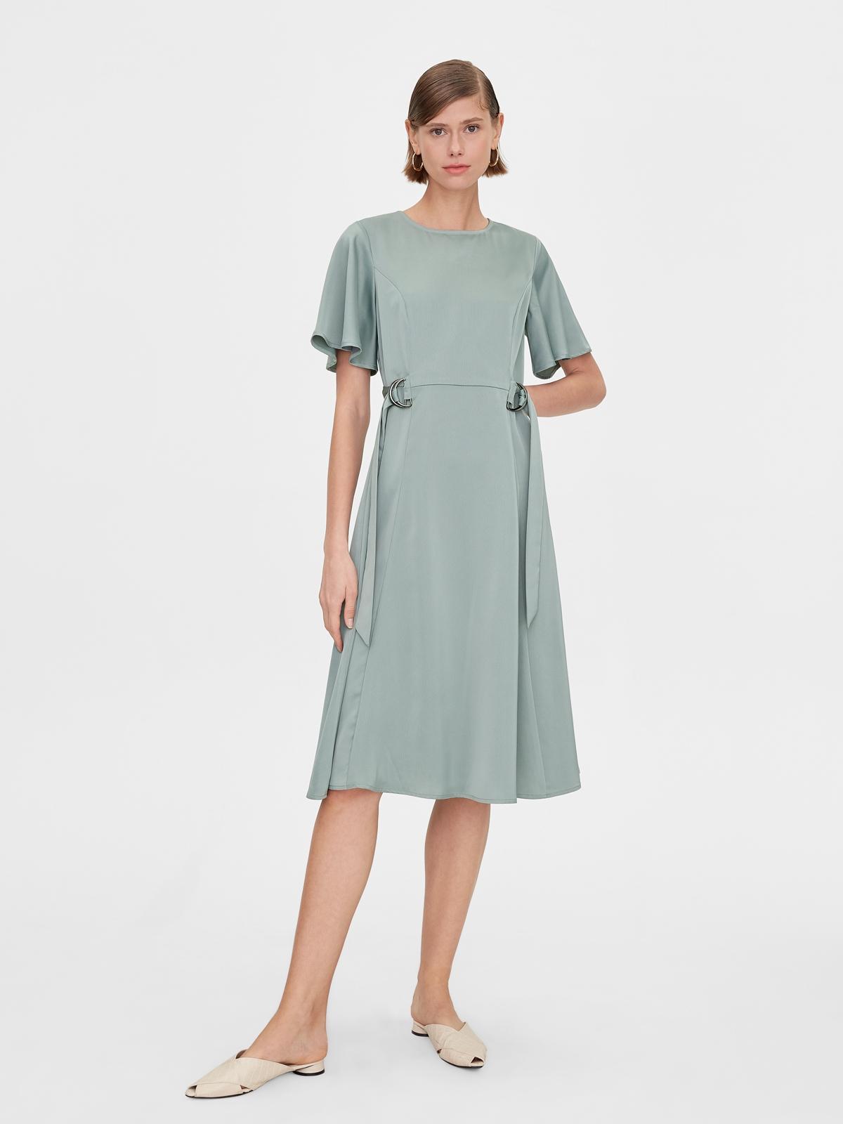 Side Belt Flared Dress - Green