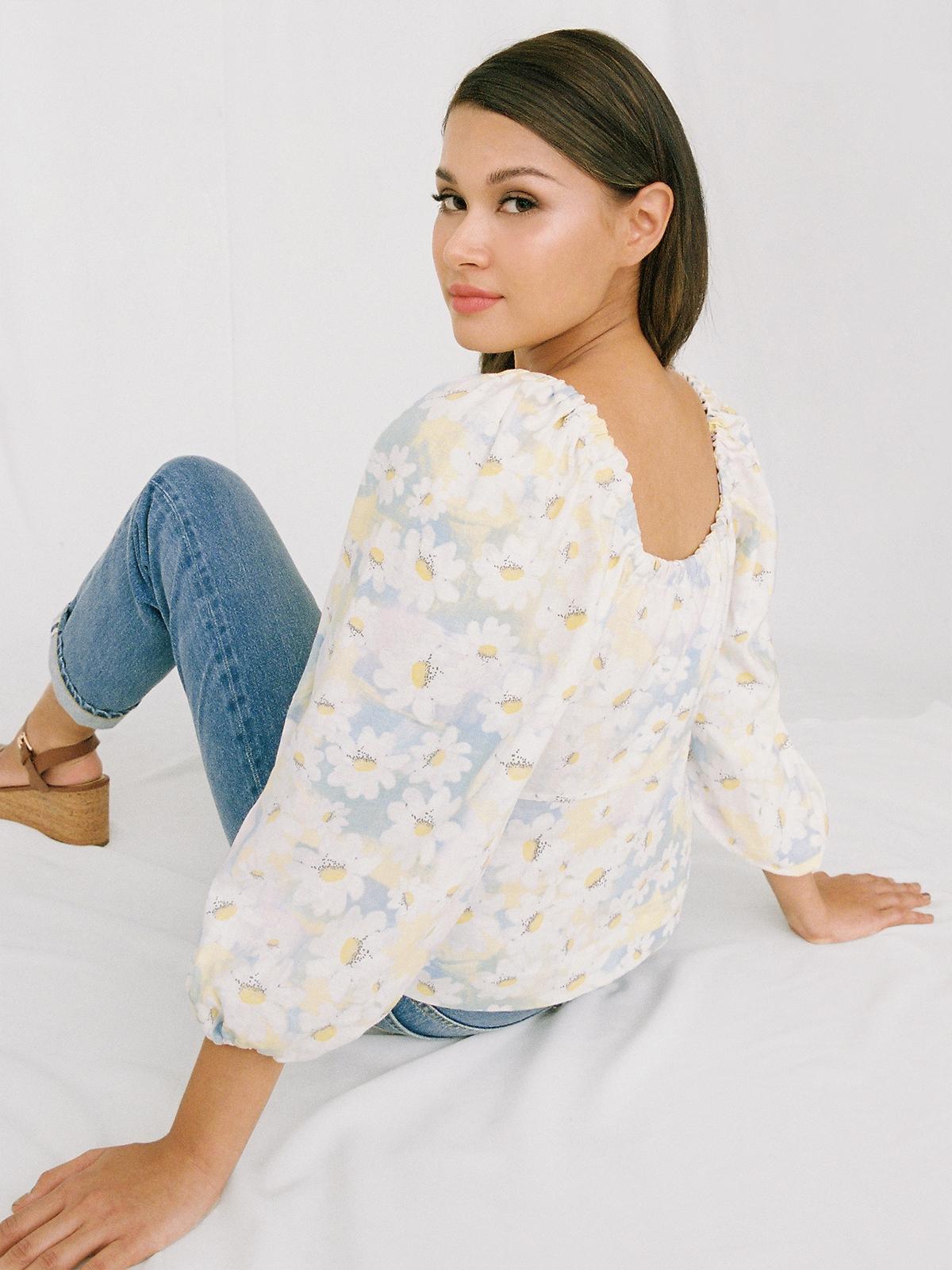 Purpose Balloon Sleeves Floral Blouse - Blue