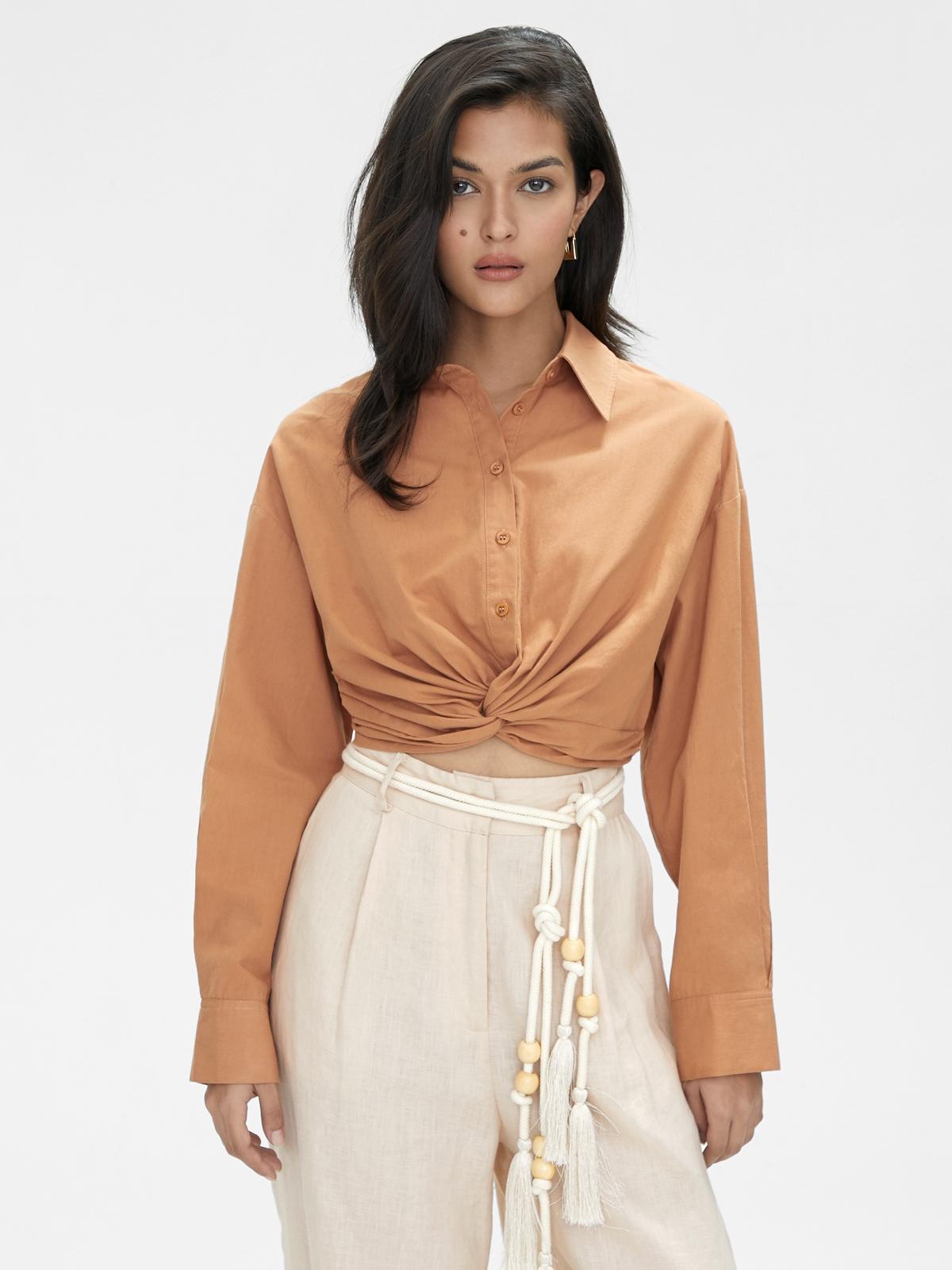 Long Sleeve Twisted Detail Shirt - Caramel