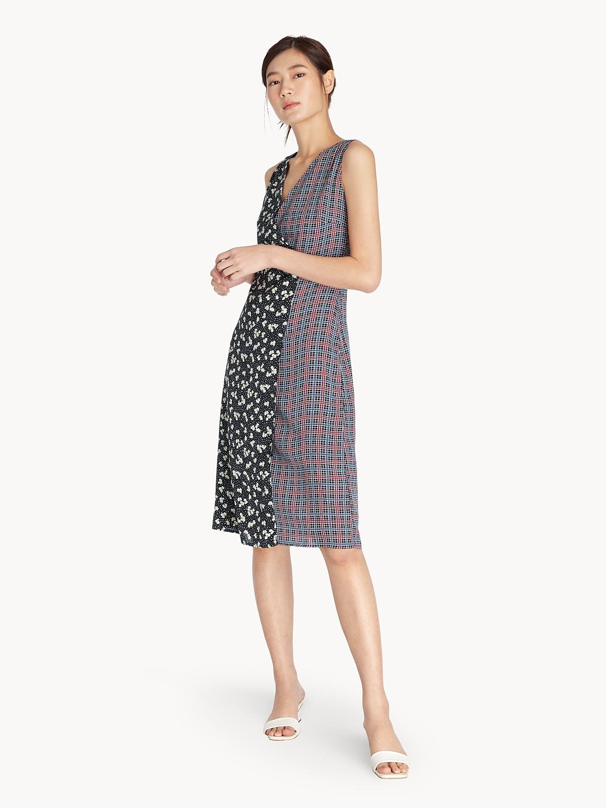 Midi Mixed Print Wrap Dress - Black