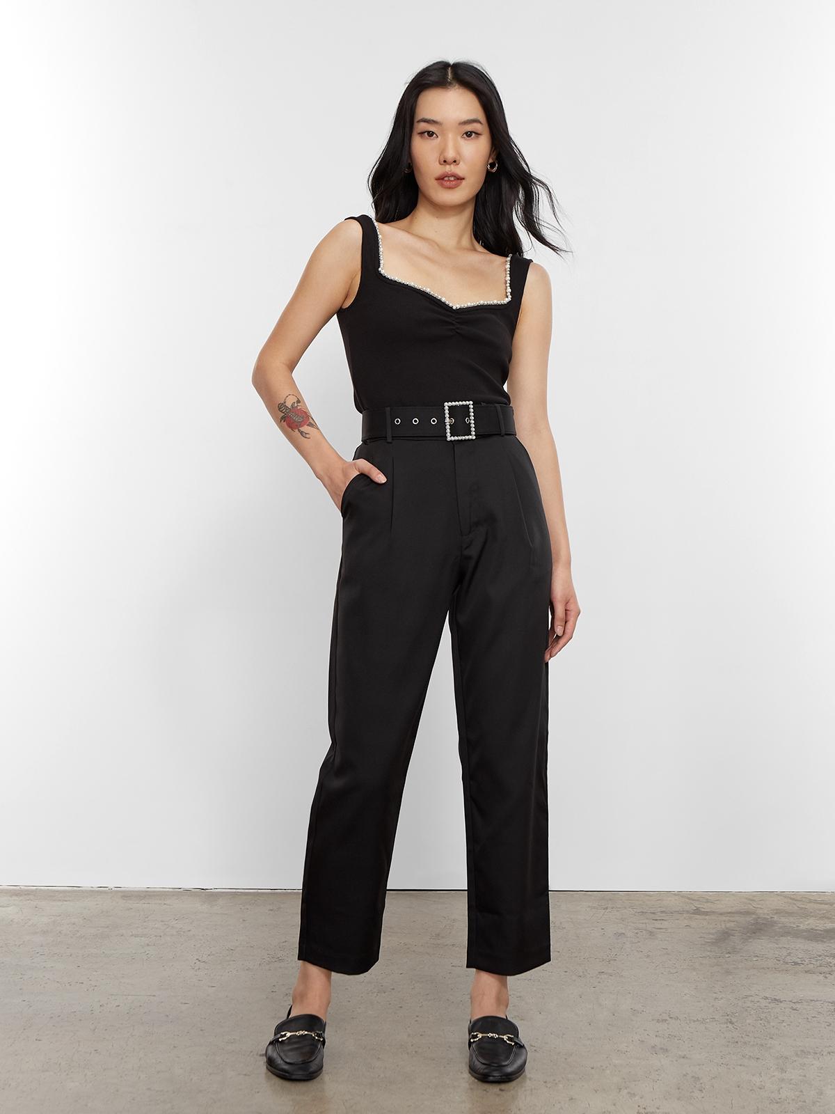 Pearl Belt High Waist Pants - Black