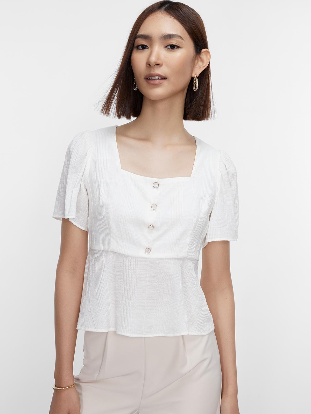 Square Neckline Front Button Blouse - White