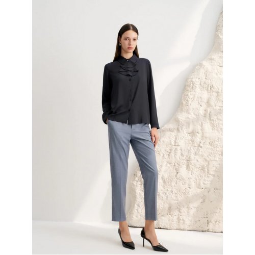 Crepe Shirt Collar Blouse with Detachable Scarf