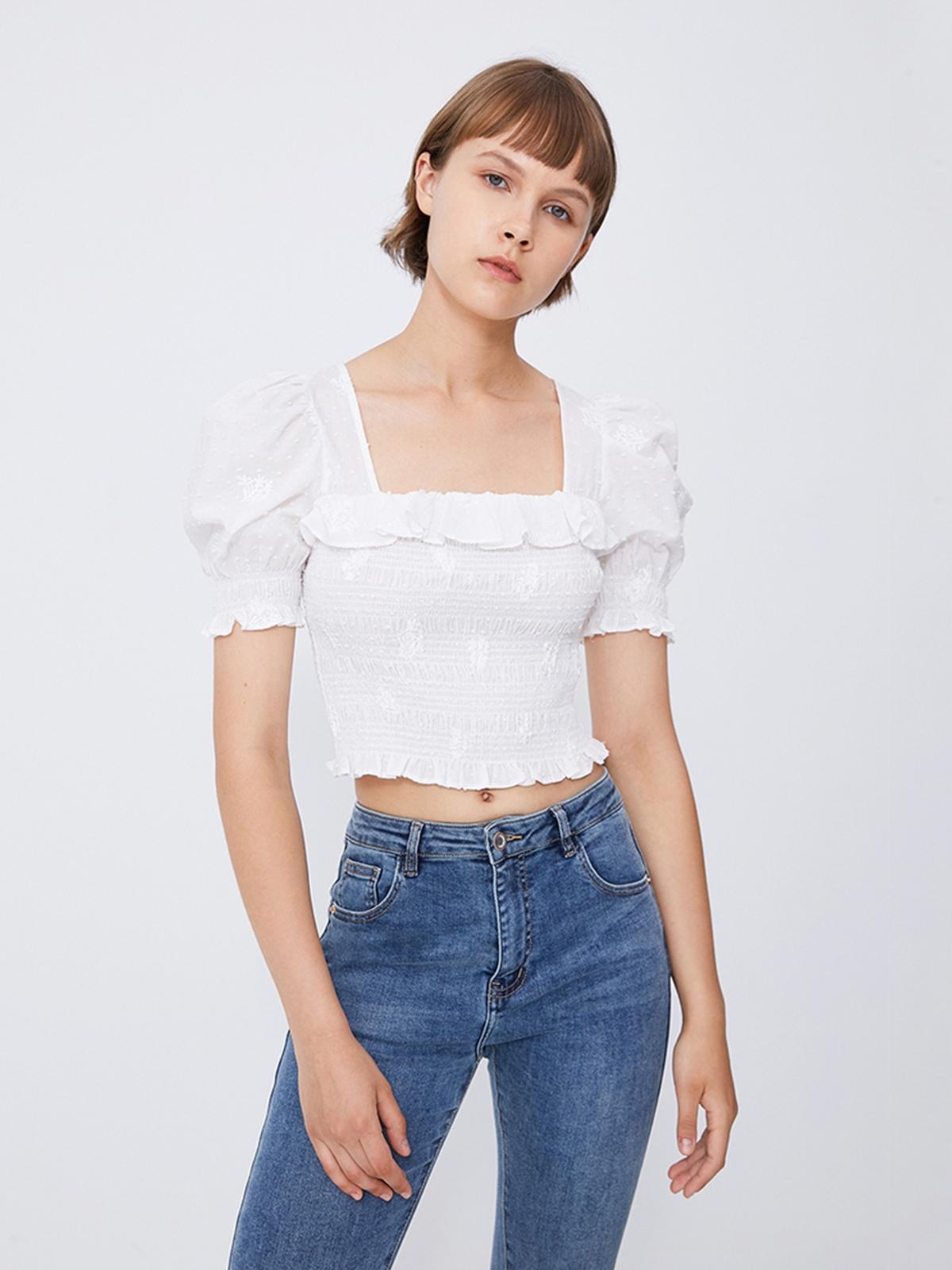 Ruffled Puffed Sleeve Crop Top - White