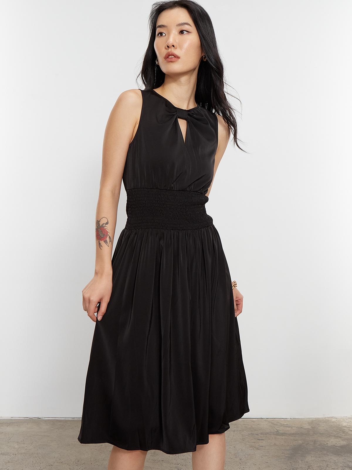 Bow Neck Elastic Waist Dress - Black