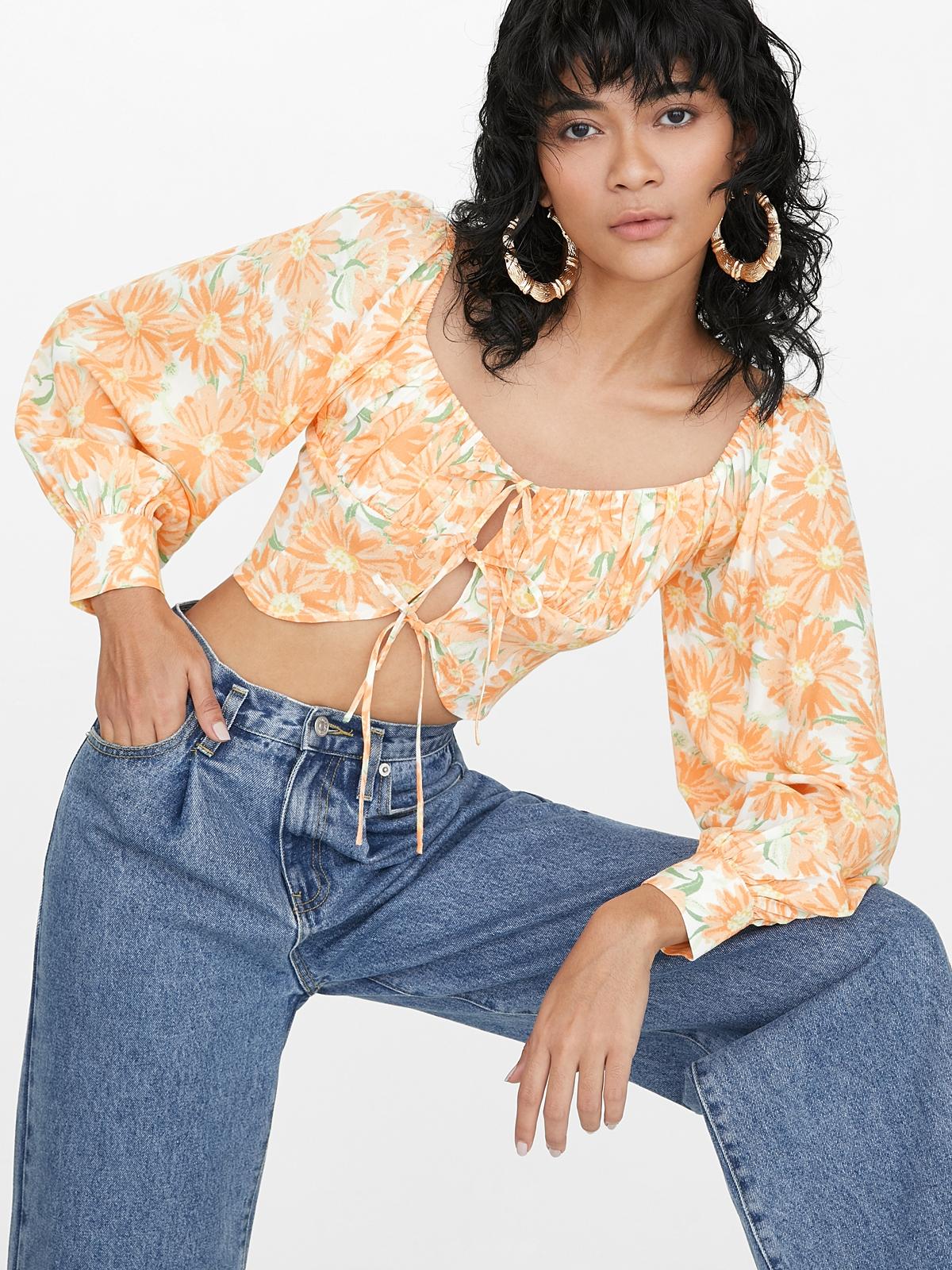 Floral Front Tie Crop Top - Orange