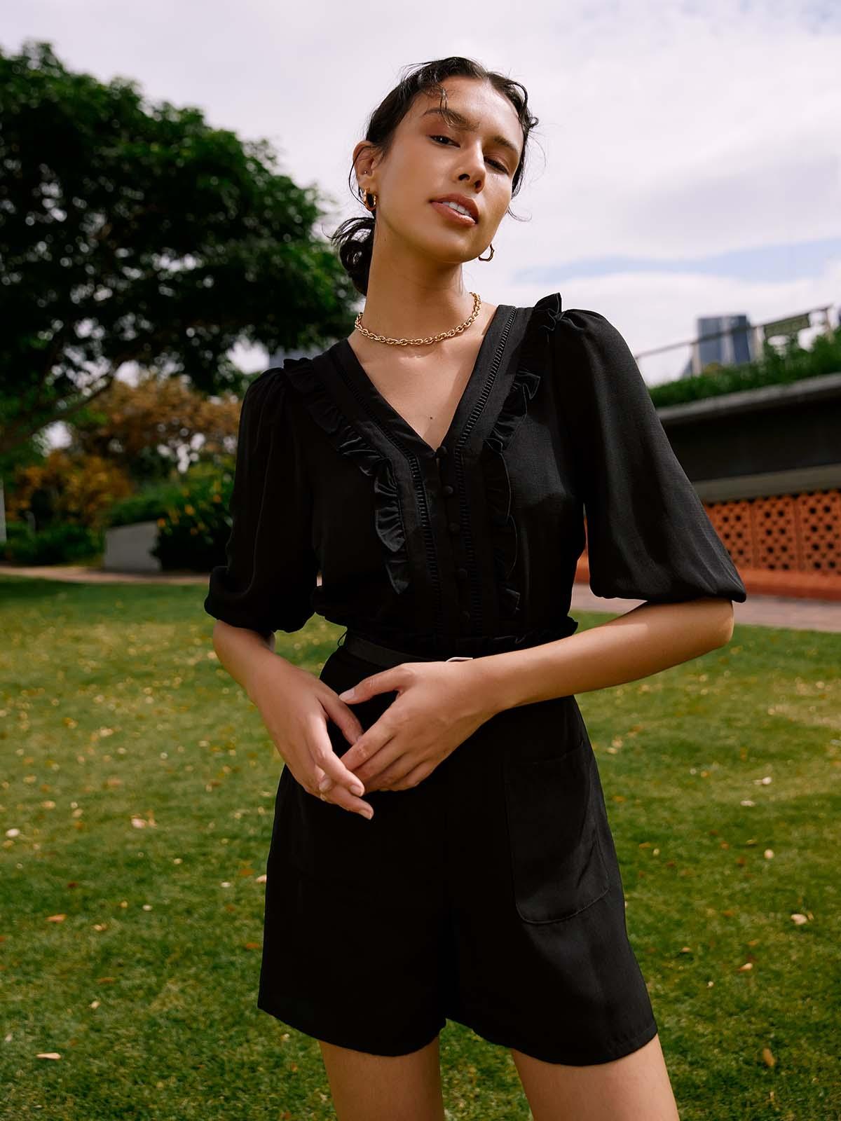 Sustainable V Neck Front Ruffle Blouse - Black