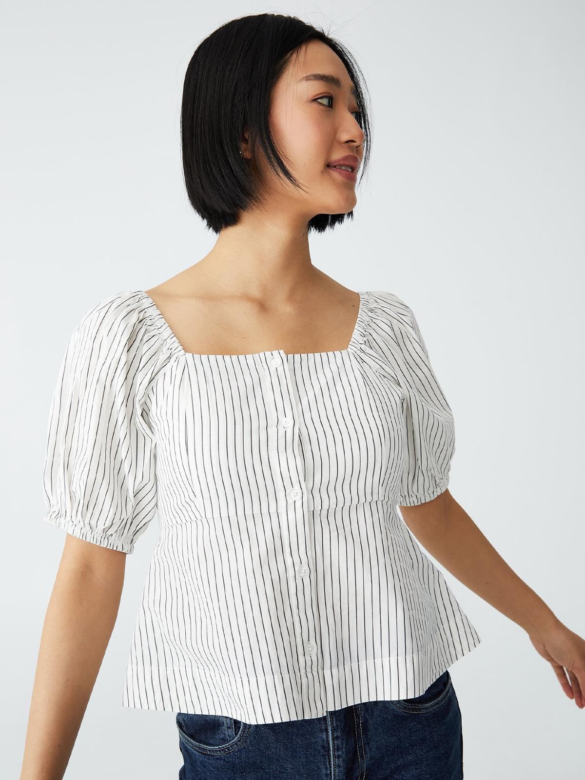 Petite Button Up Blouse Talia Pinstripe - Silky White