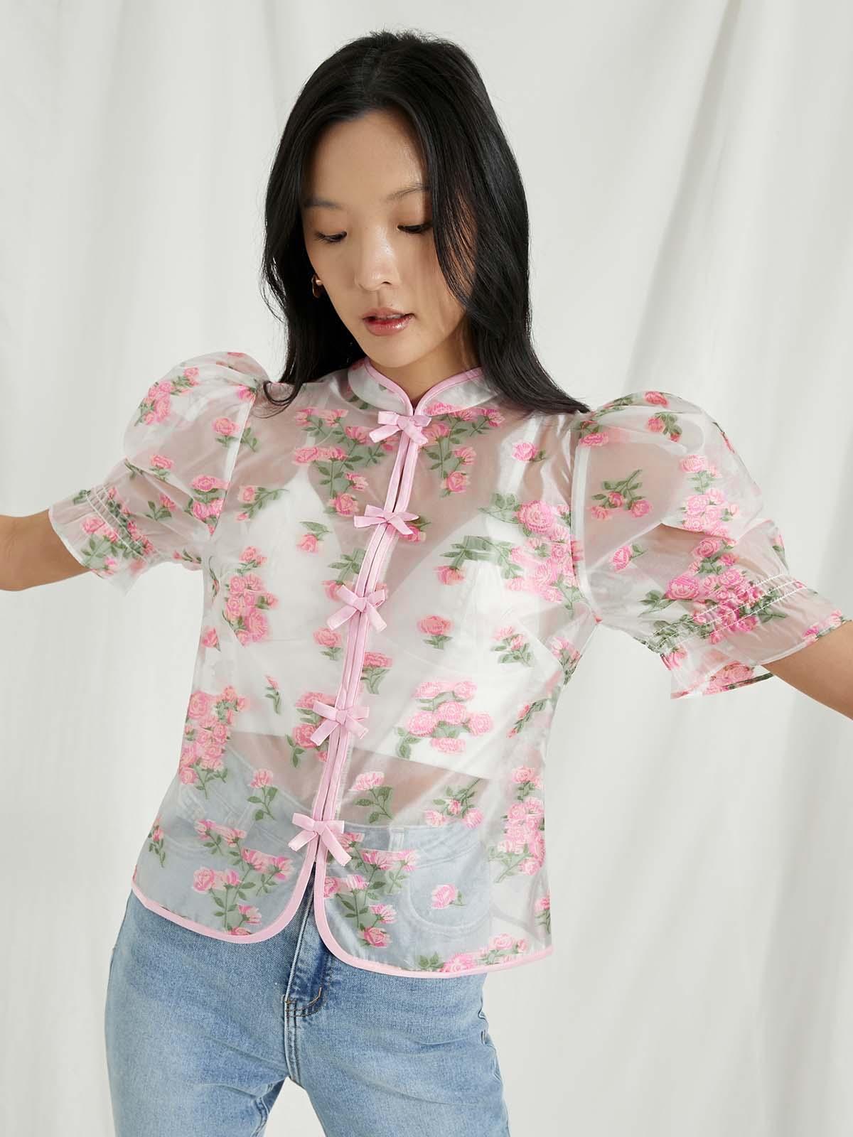 Floral Mandarin Collar Puffed Sleeve Top - Pink