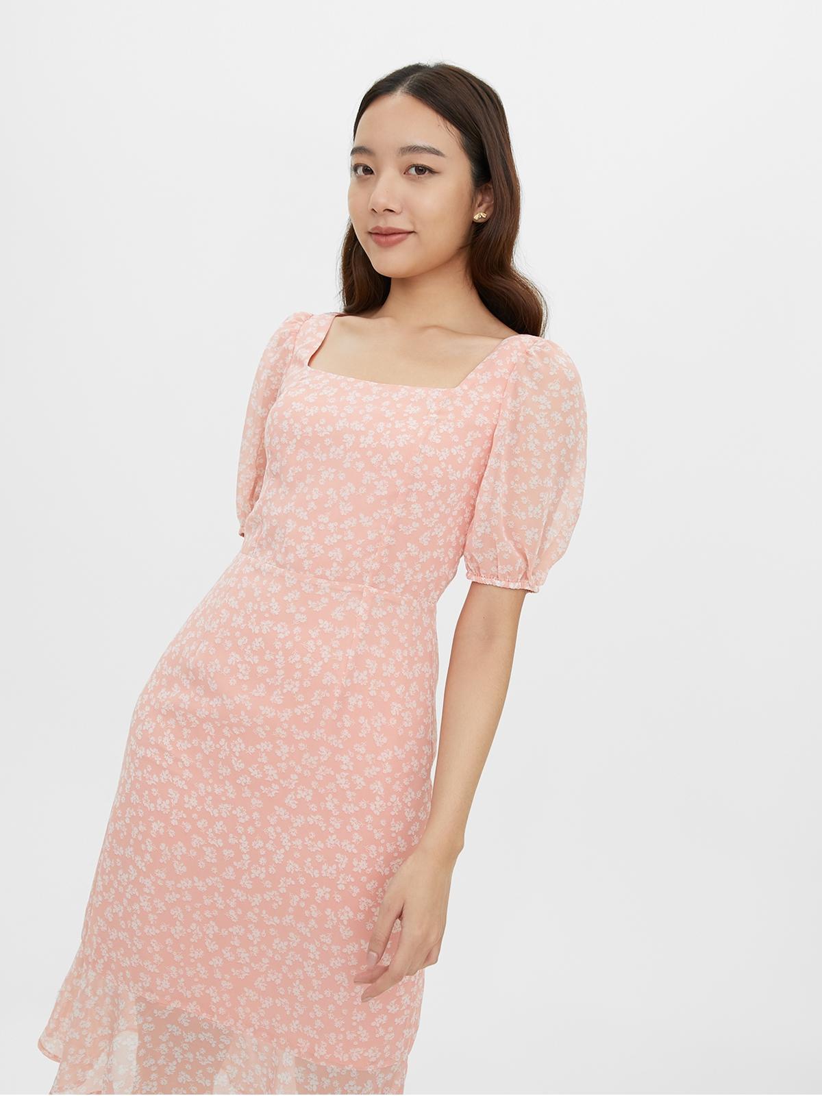 Sustainable Puff Sleeve Floral Dress - Pink