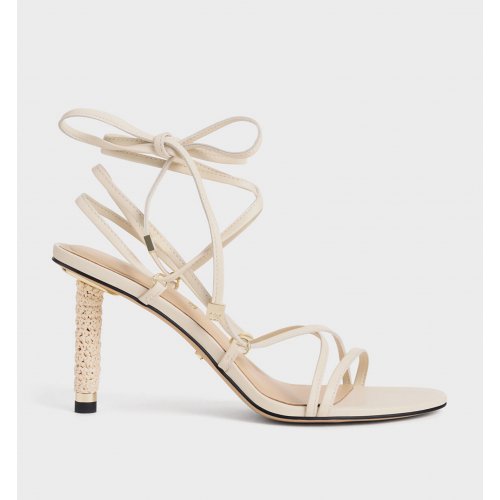  Strappy Woven-Heel Tie-Around Sandals - Beige 