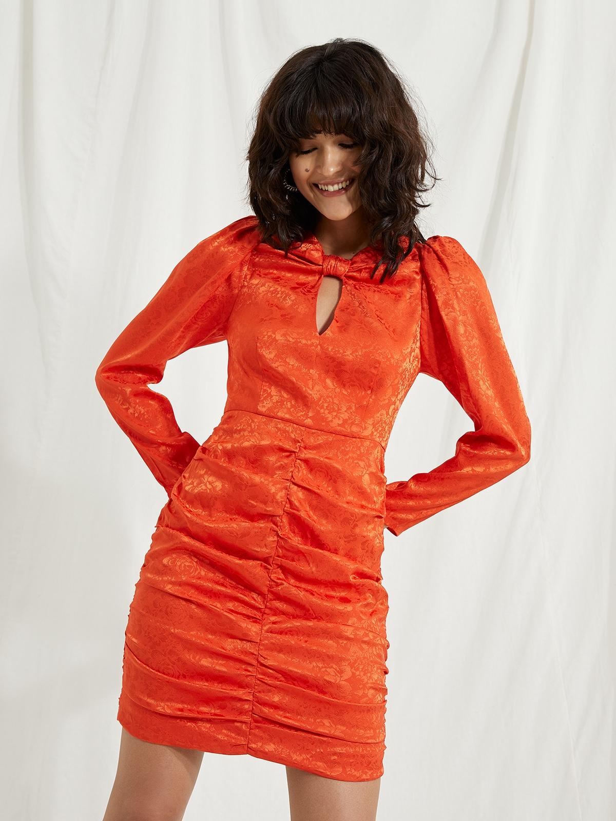 Ruched Long Sleeve Dress - Orange