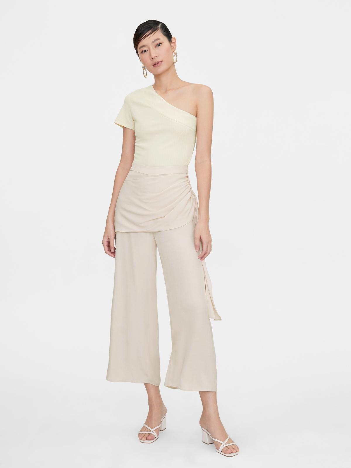 Wrap Side Ruched Wide Leg Pants - Cream