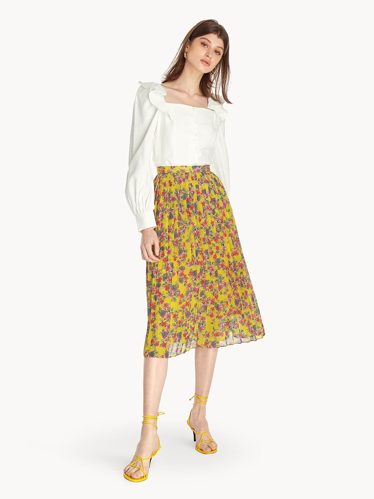 Midi Floral Pleated Skirt - Yellow