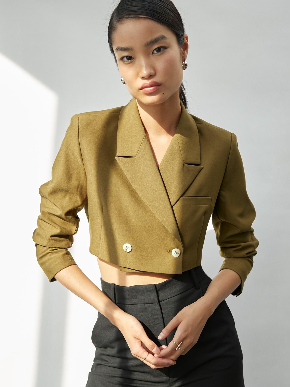Double Breasted Crop Blazer - Brown