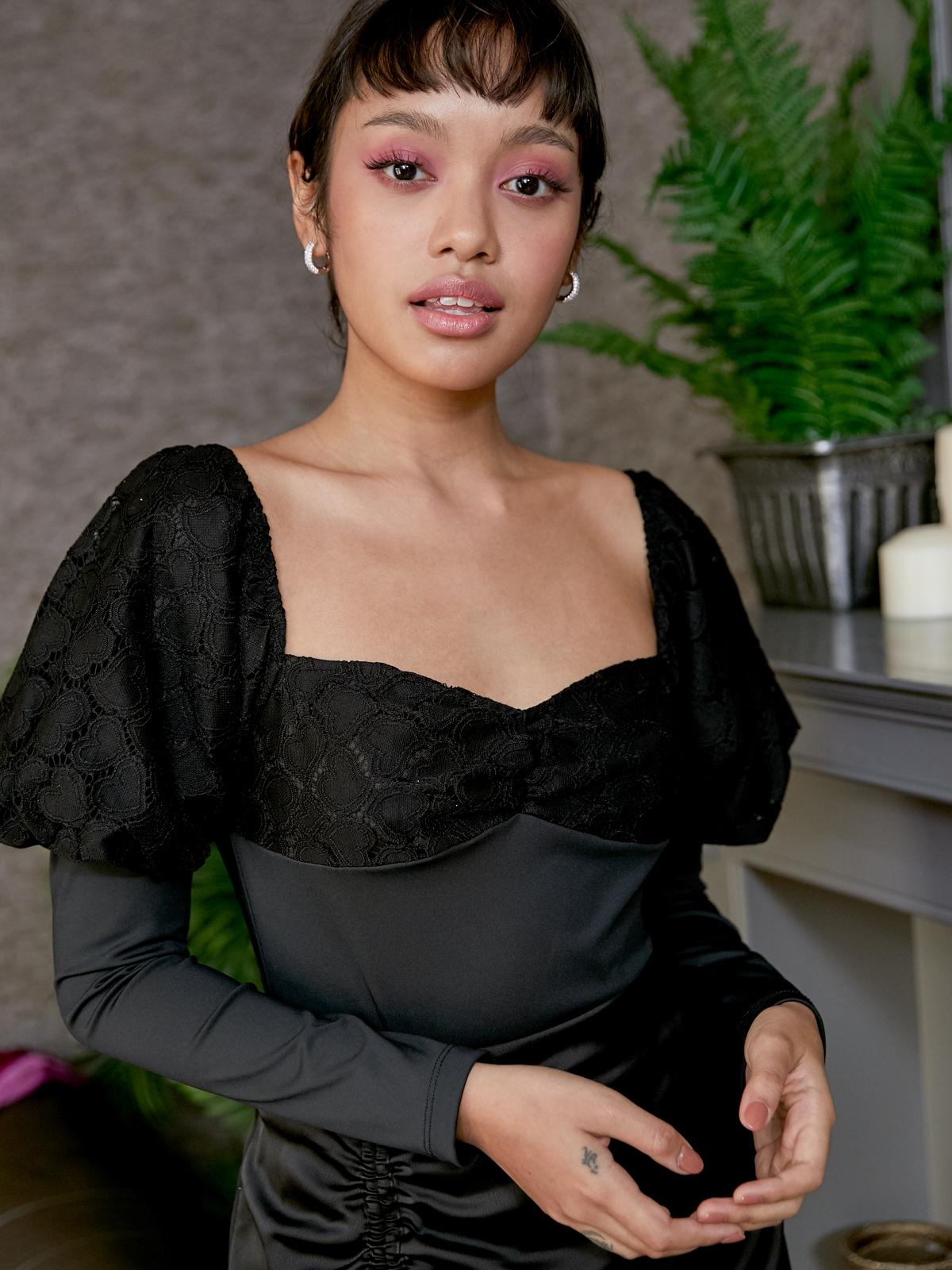 Full Length Puffed Sleeves Bodysuit - Black