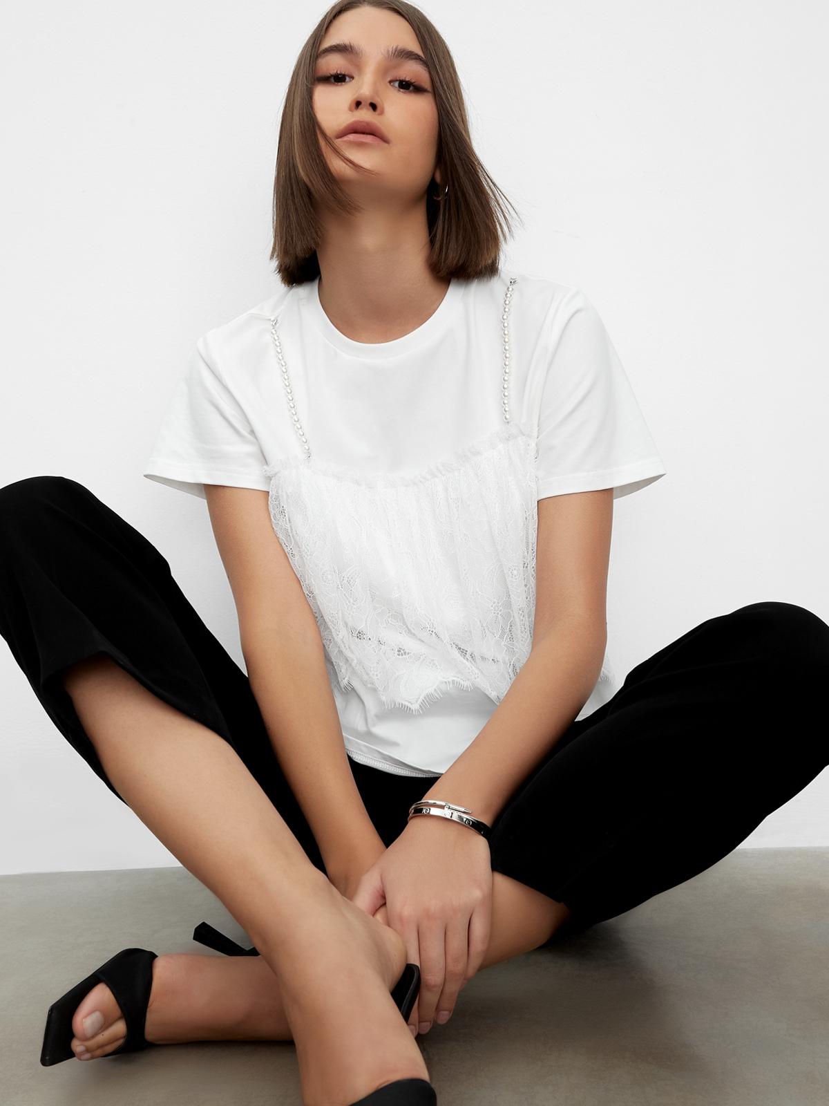 Lace Pearl Strap Tee - White