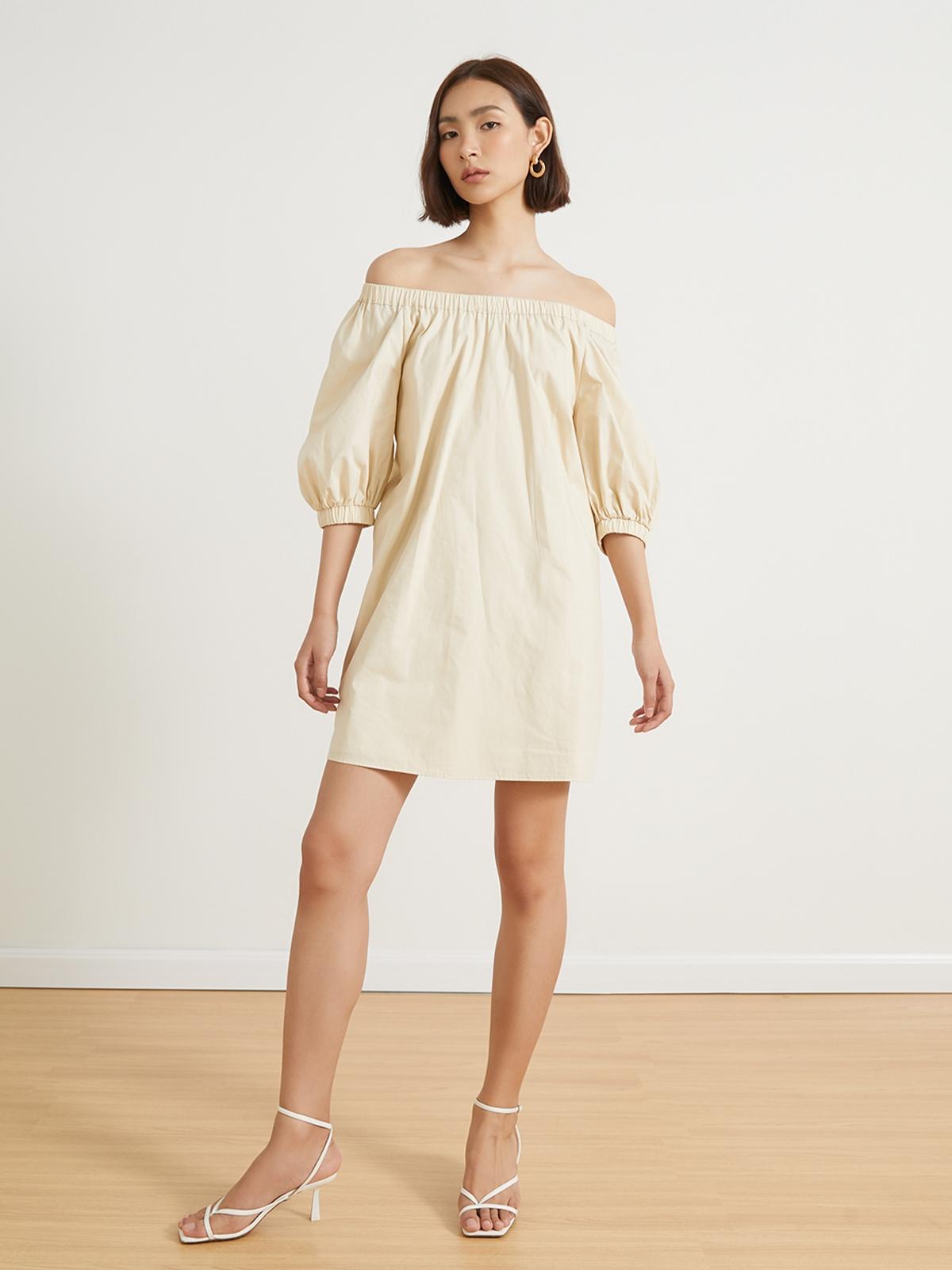 Elastic Neckline Mini Dress - Beige