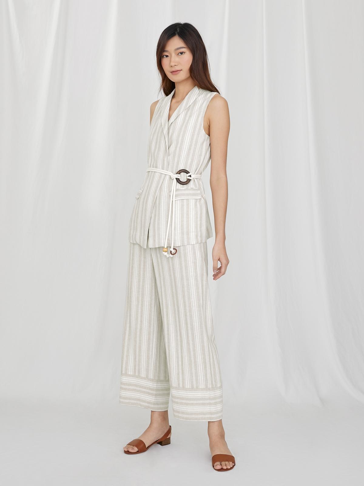 Purpose Striped Waist Tie Culotte Pants - Beige