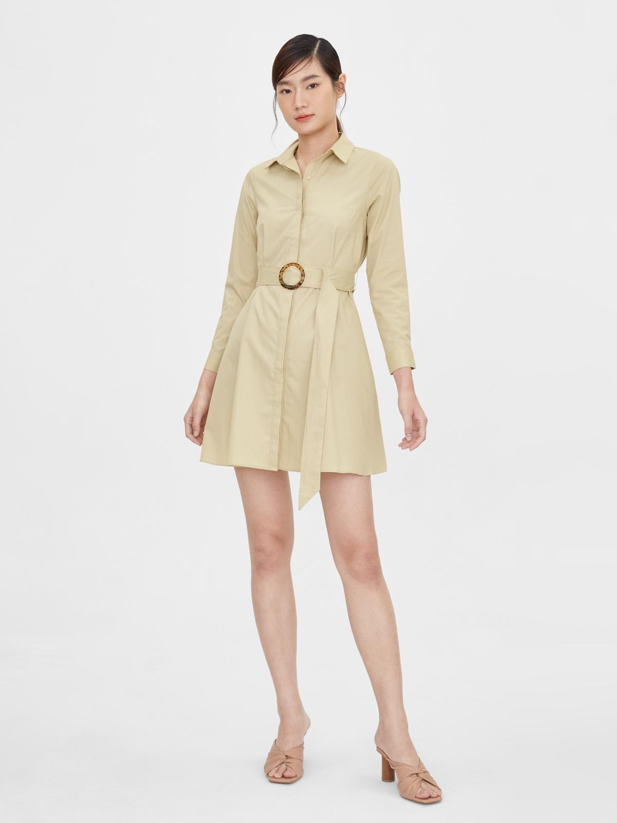 Button Up Belted Dress - Beige