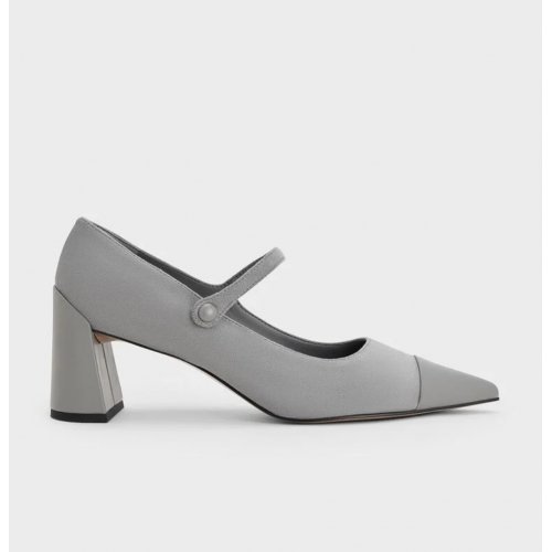  Faux Suede Cap-Toe Pointed Mary Jane Pumps - Grey 