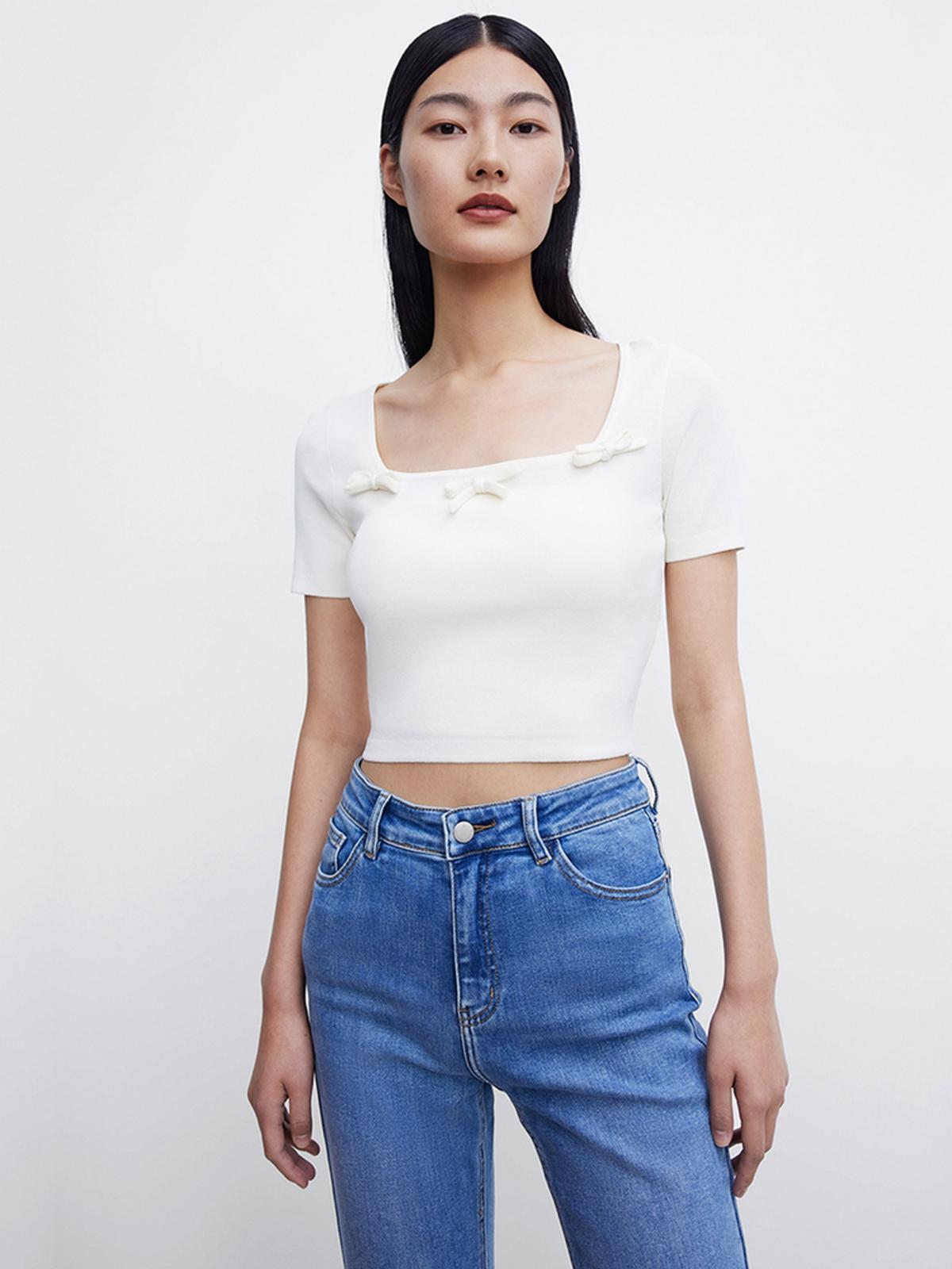 Square Neck Bow Detail Top - Whipping Cream