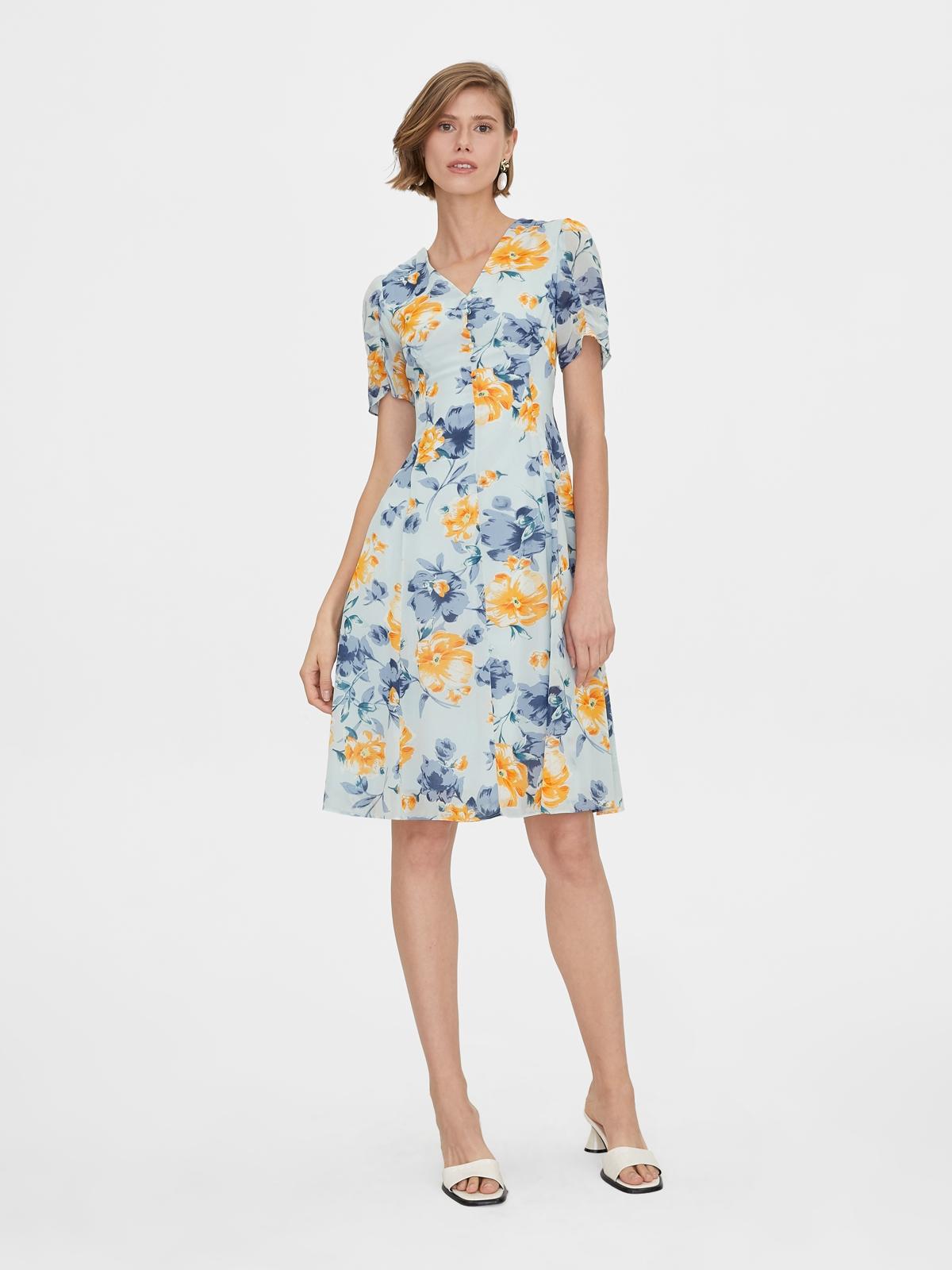 V Neck Tie Back Dress - Blue