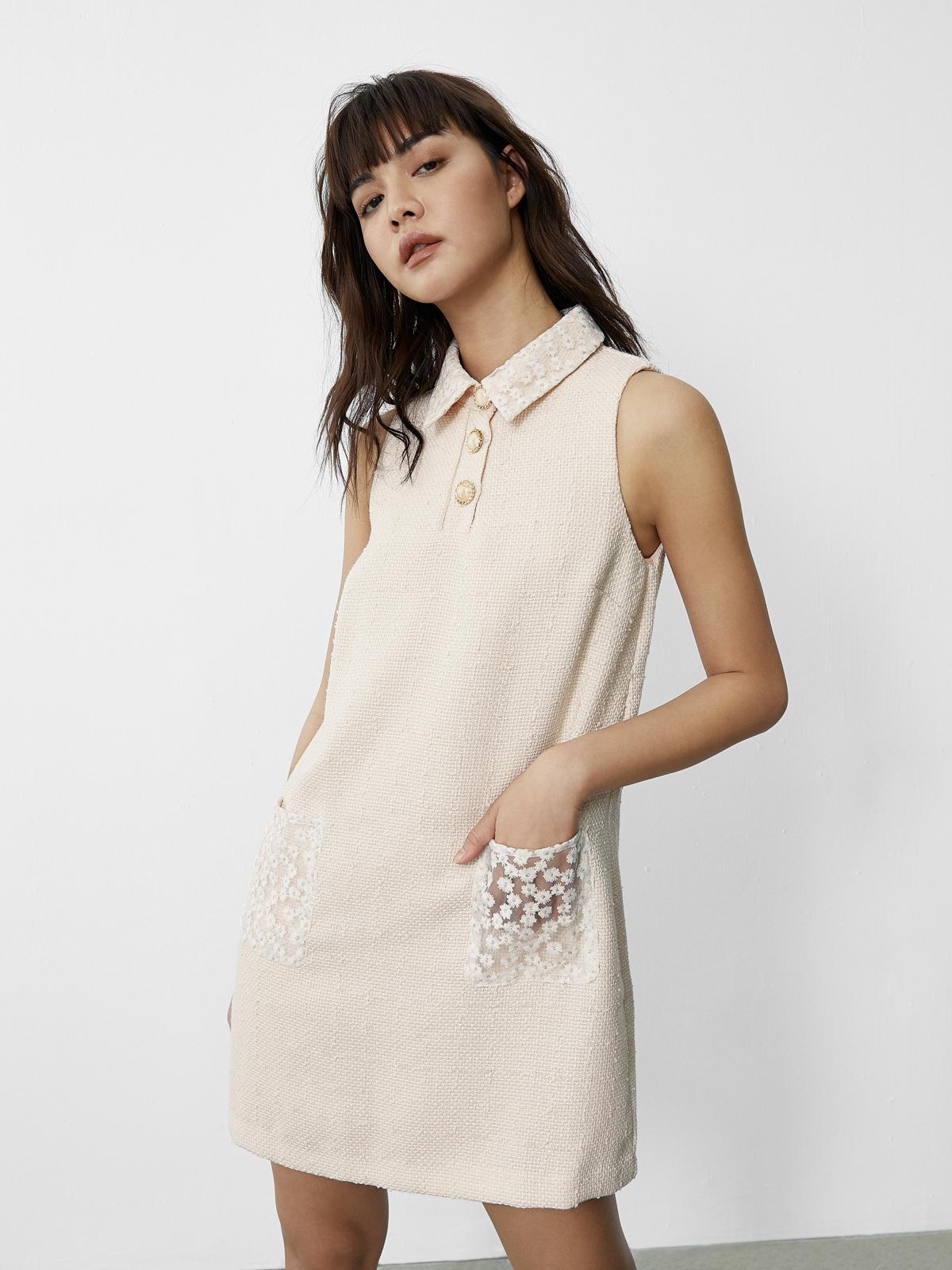 Lace Pockets Sleeveless Dress - Pink