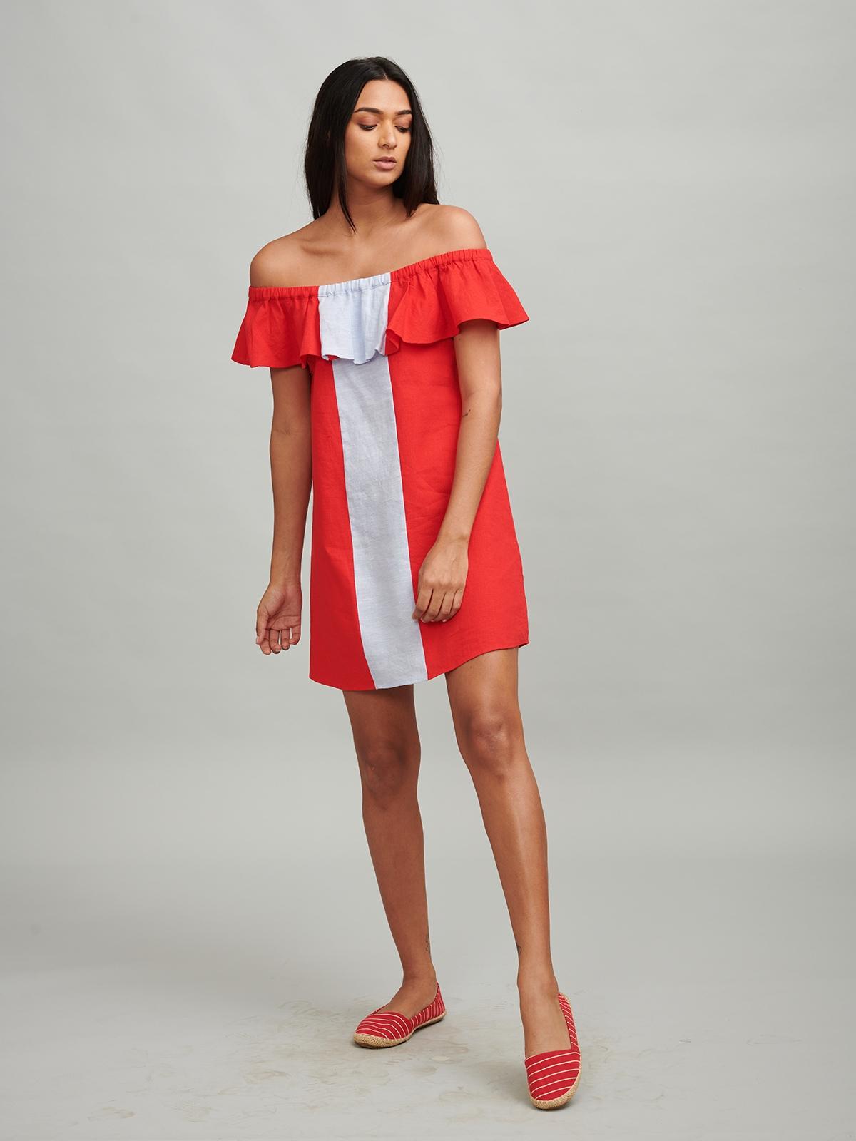 Off-Shoulder Linen Mini - Red