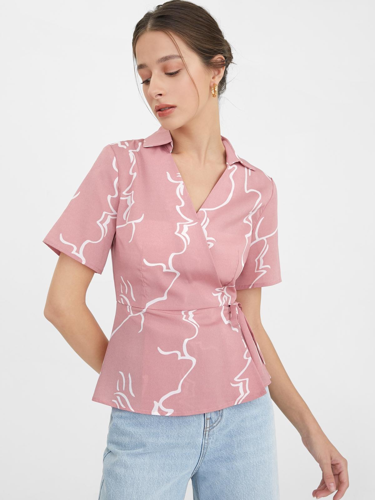 Side Wrap Abstract Print Blouse - Pink