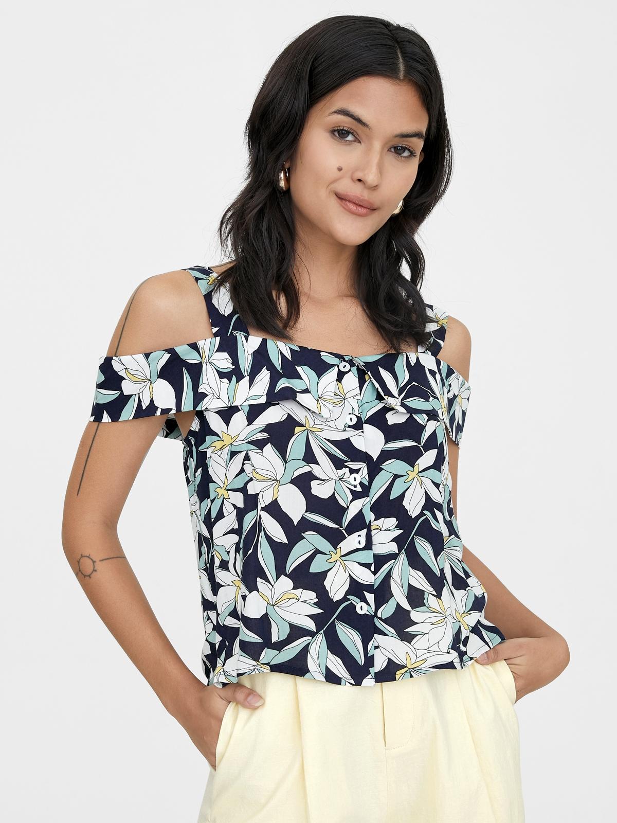 Floral Ruffled Cold Shoulder Top - Navy