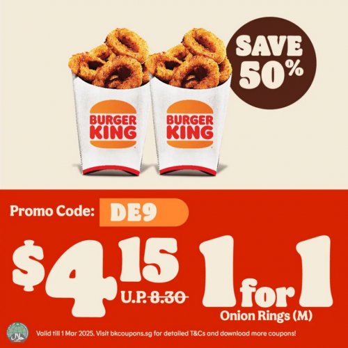Get 50% off 1-for-1 crispy, golden Onion Rings!