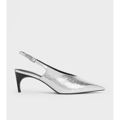  Metallic Crinkle-Effect Pointed-Toe High-Vamp Slingback Pumps - Silver 