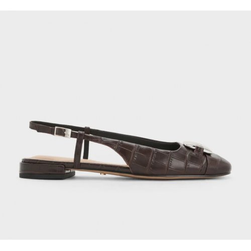  Croc-Effect Leather Metallic-Accent Slingback Flats - Dark Brown 