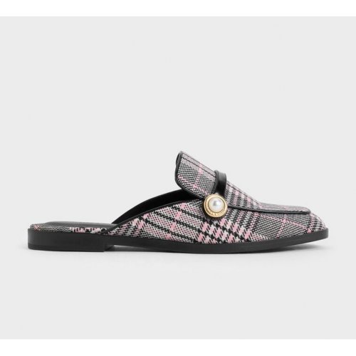 Plaid Pearl-Embellished Loafer Mules - Pink