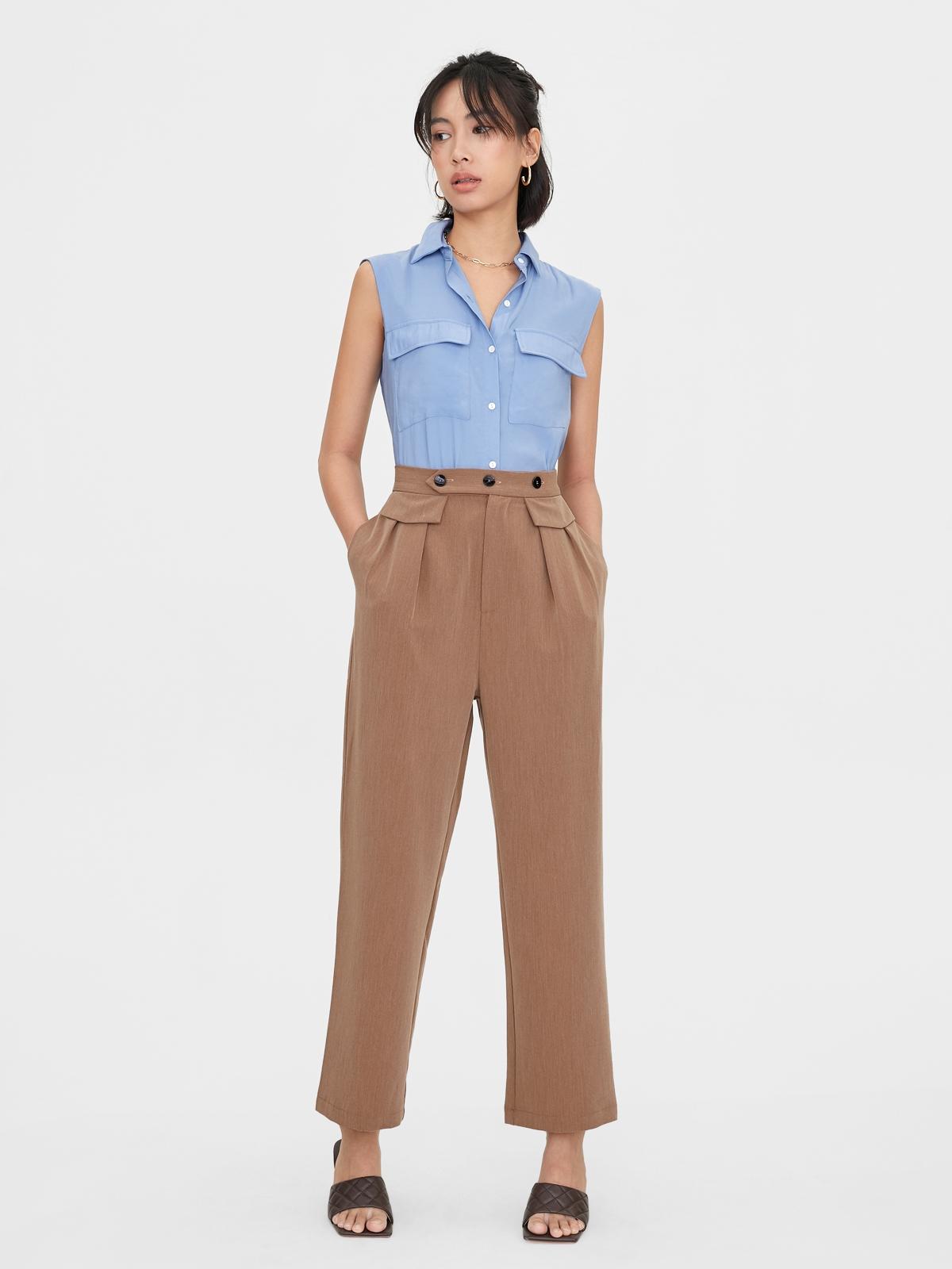 Triple Button Faux Pocket Pants - Brown