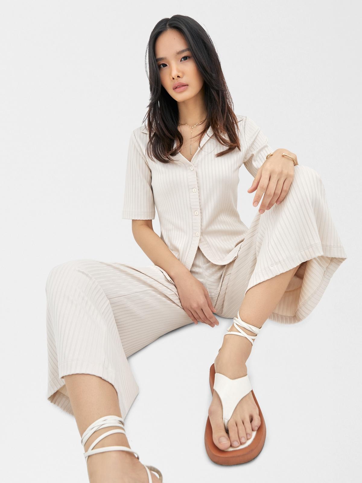 Textured Button Front Top - Beige