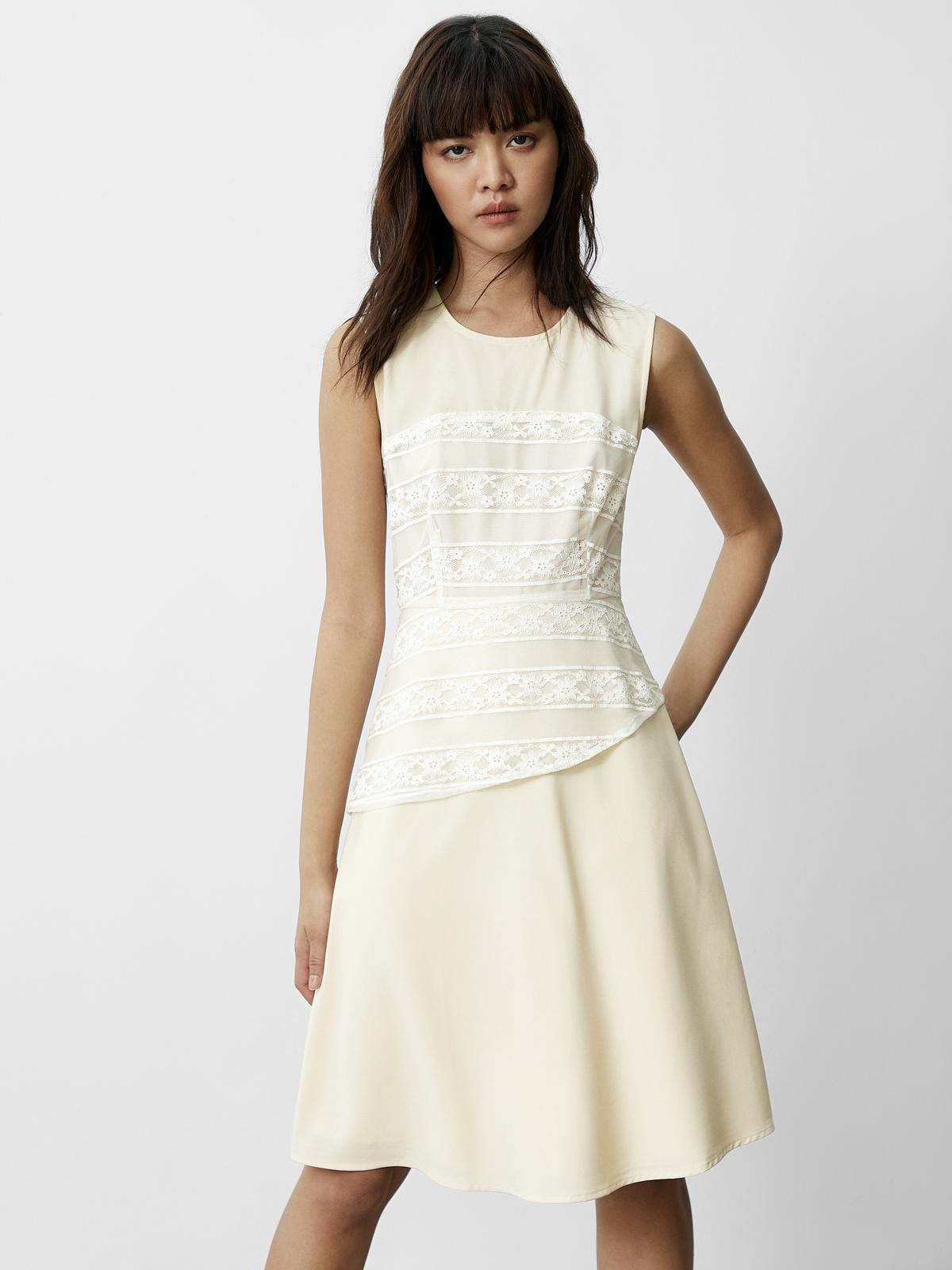 Asymmetric Lace Detail Dress - Cream