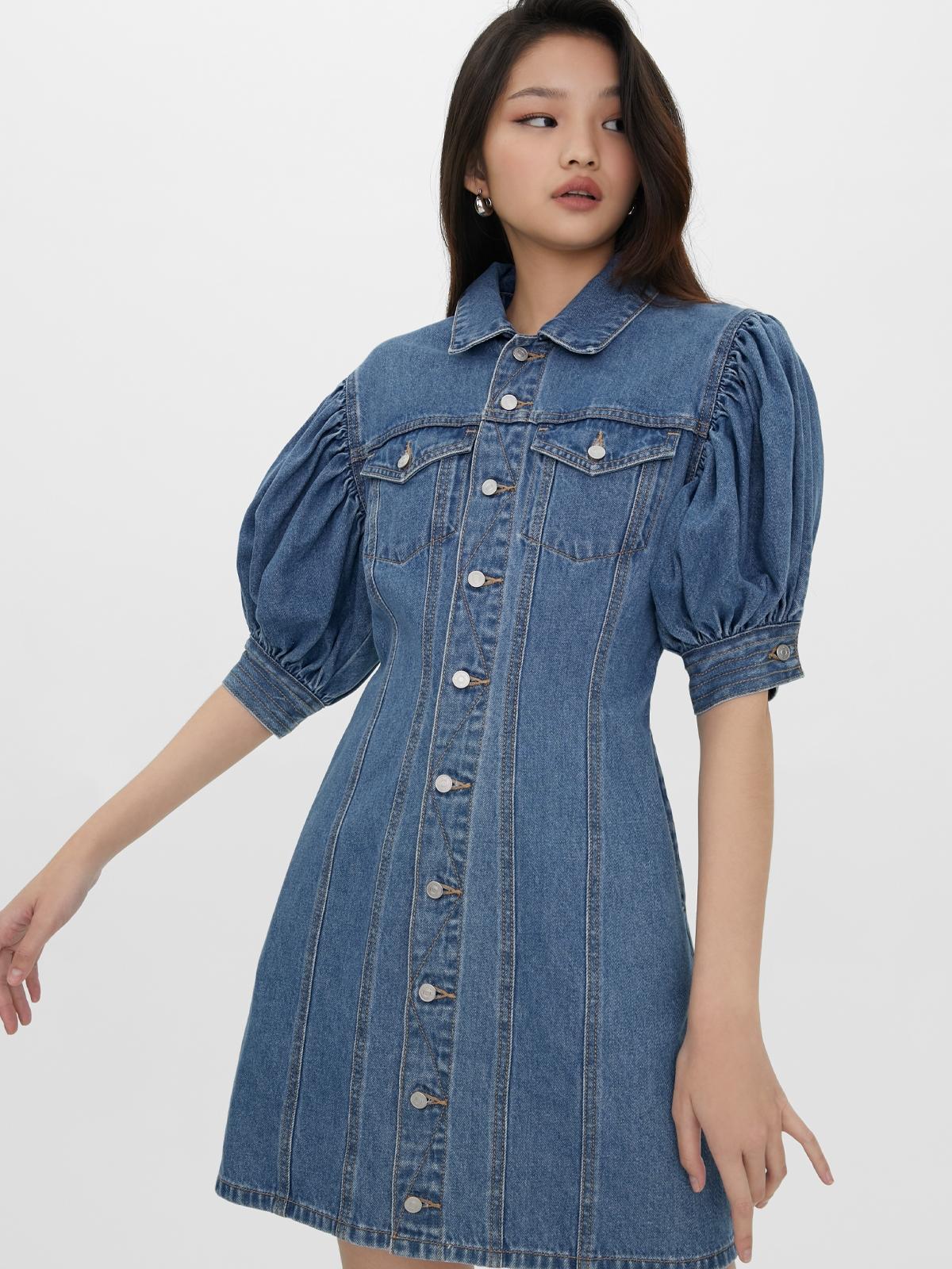 Sustainable Button Up Puff Dress - Blue