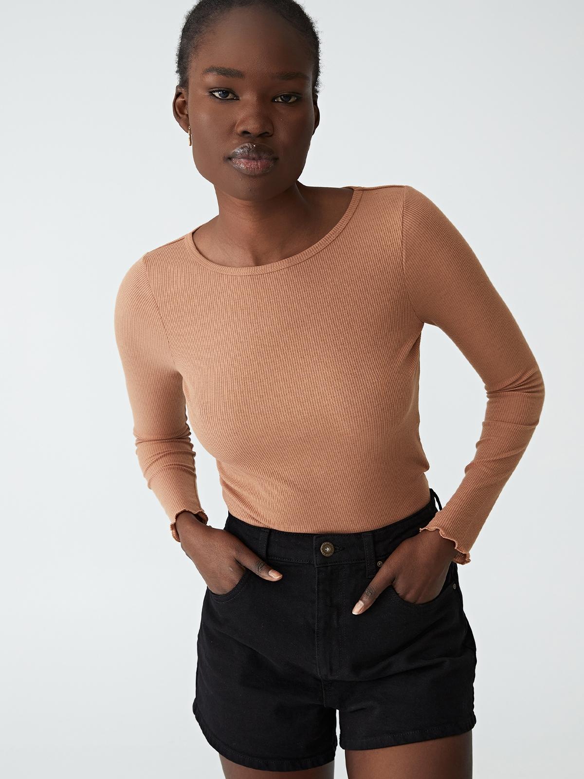 Rib Crew Neck Long Sleeve Top - Soft Camel