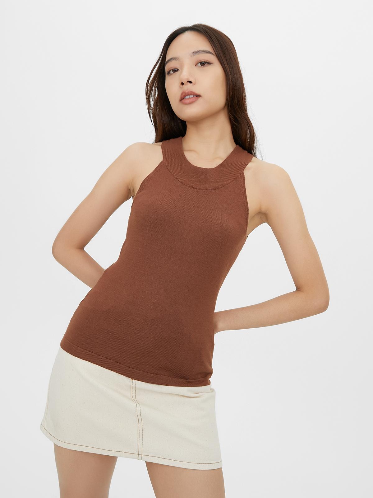Rounded Crew Neck Sleeveless Top - Brown