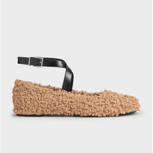  Margot Furry Crossover-Strap Ballet Flats - Camel 
