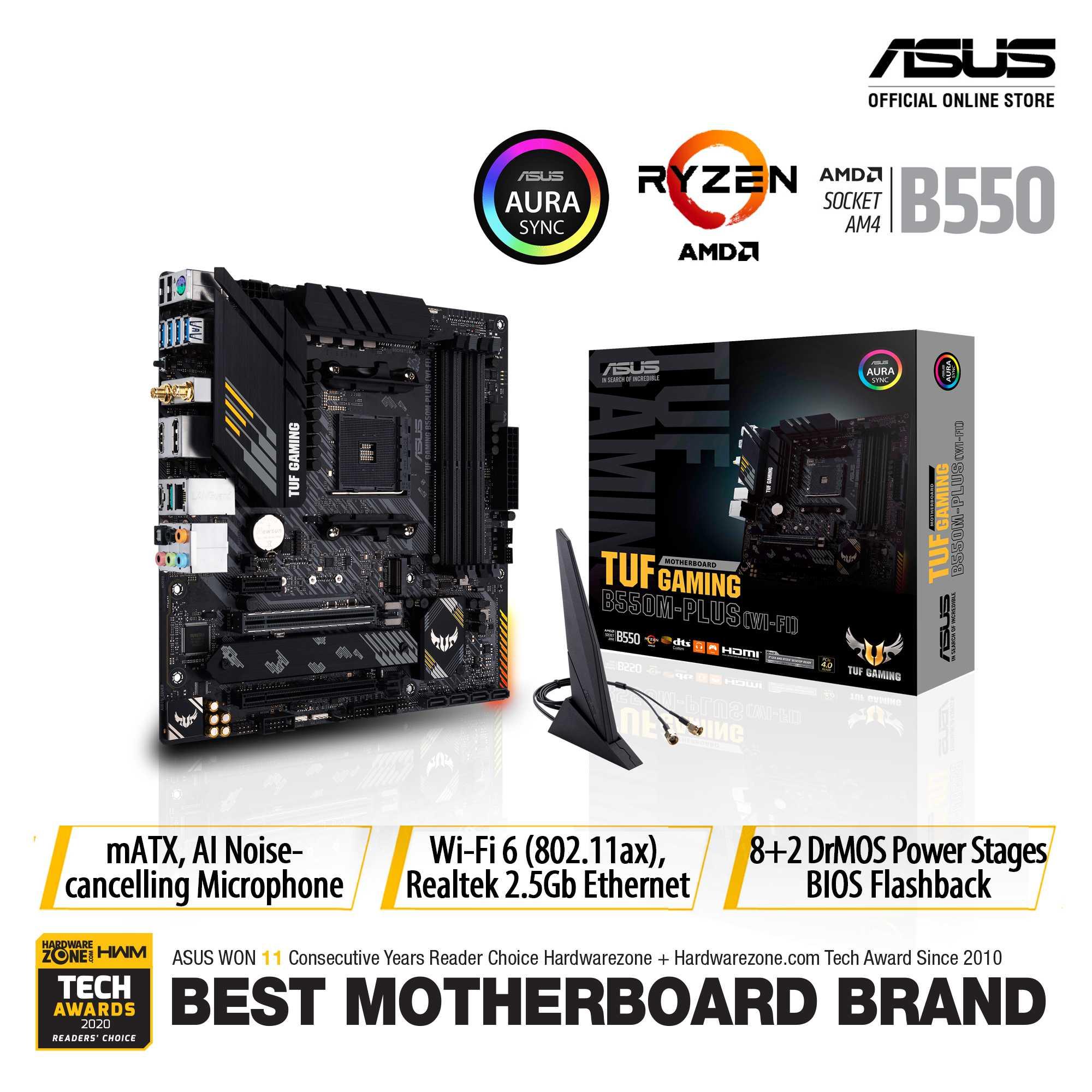 ASUS TUF GAMING B550M-PLUS (WI-FI) AMD B550 (Ryzen AM4) micro ATX gaming motherboard with PCIe 4.0, dual M.2, 10 DrMOS power stages, Intel® WiFi 6, 2.5 Gb Ethernet, HDMI, DisplayPort, SATA 6 Gbps, USB 3.2 Gen 2 Type-A and Type-C, and Aura Sync RGB