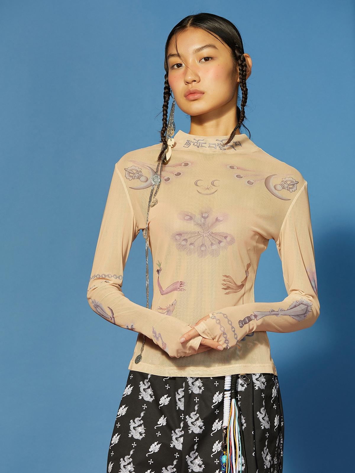 Mock Neck Printed Mesh Top - Beige