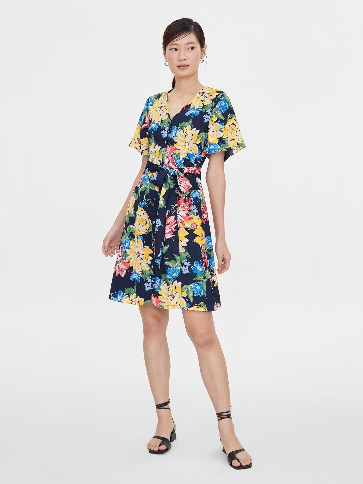 Floral Tie Waist Dress - Navy