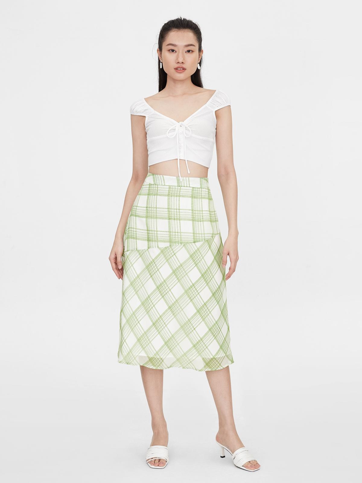 Plaid Asymmetric Semi Sheer Skirt - Green