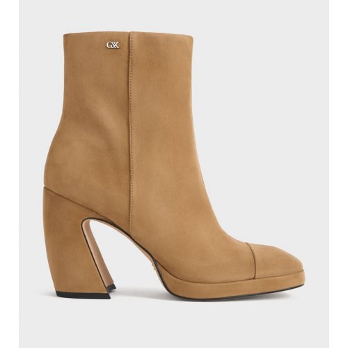  Jyll Suede Sculptural-Heel Ankle Boots - Caramel 