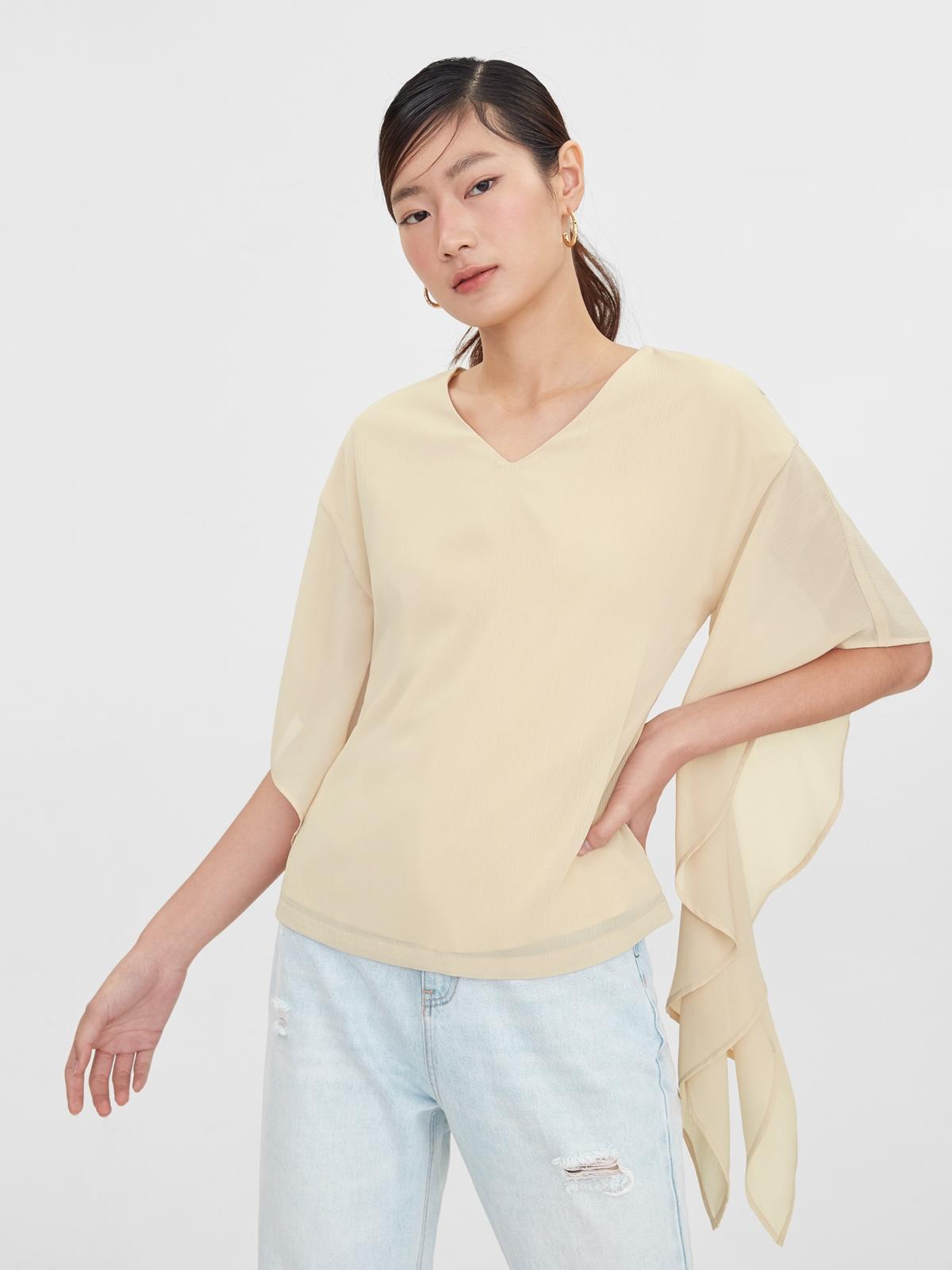 Flounce Sleeve Blouse - Beige