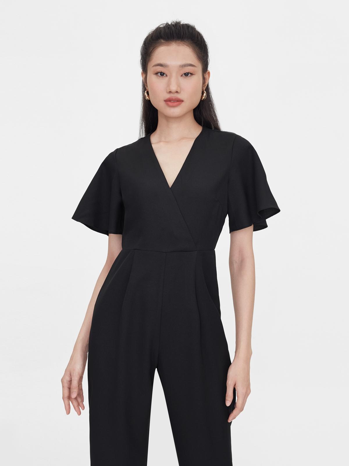 Butterfly Sleeves V Neck Jumpsuit - Black